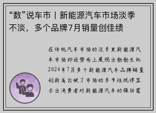 “数”说车市丨新能源汽车市场淡季不淡，多个品牌7月销量创佳绩