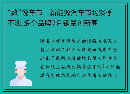 “数”说车市丨新能源汽车市场淡季不淡,多个品牌7月销量创新高