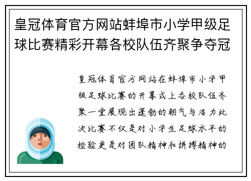 皇冠体育官方网站蚌埠市小学甲级足球比赛精彩开幕各校队伍齐聚争夺冠军荣耀
