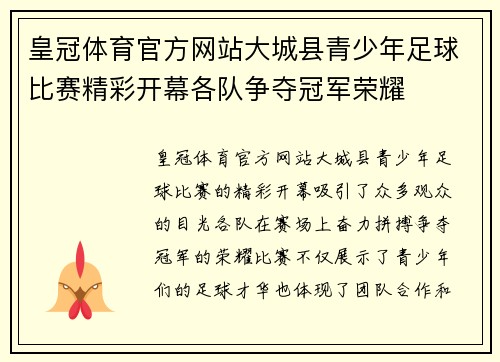 皇冠体育官方网站大城县青少年足球比赛精彩开幕各队争夺冠军荣耀